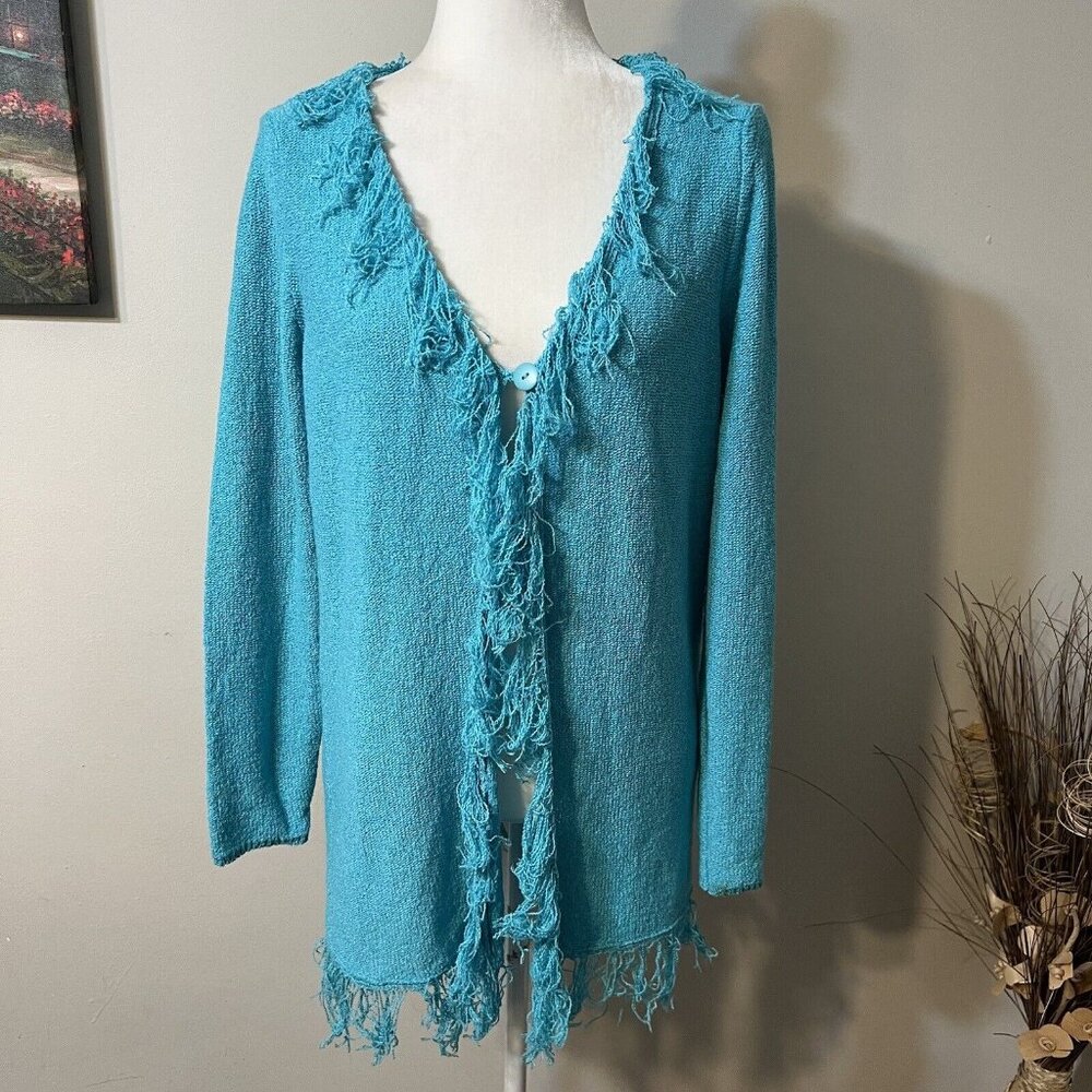 C.l.o.t.h.e.s Women's Fringe Lightweight Cardigan Sweater Teal Blue Size M Flaw